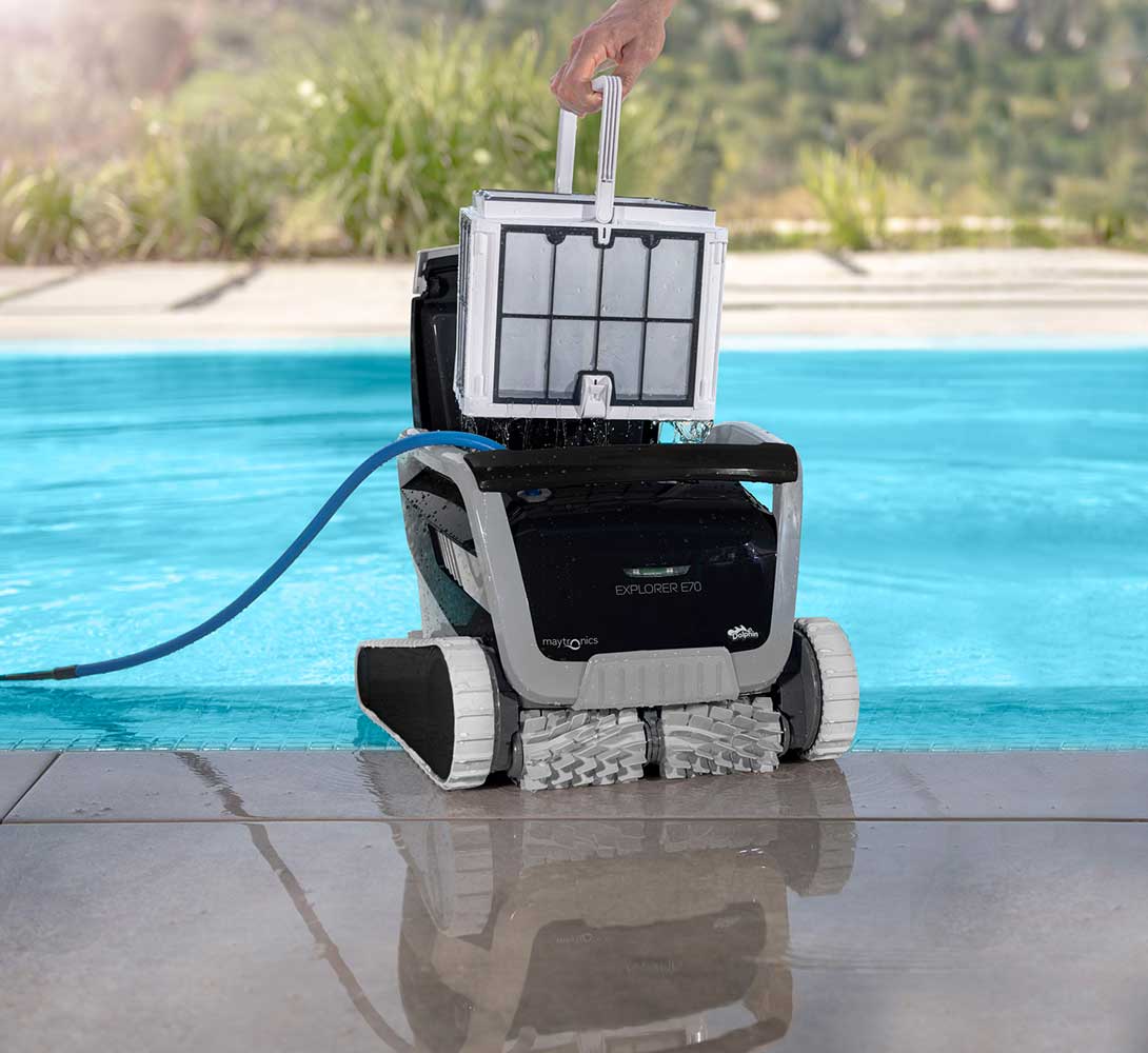 Dolphin Explorer E70 Pool Robot with included Dolphin Universal Caddy, Wi-Fi, and Waterline Cleaning